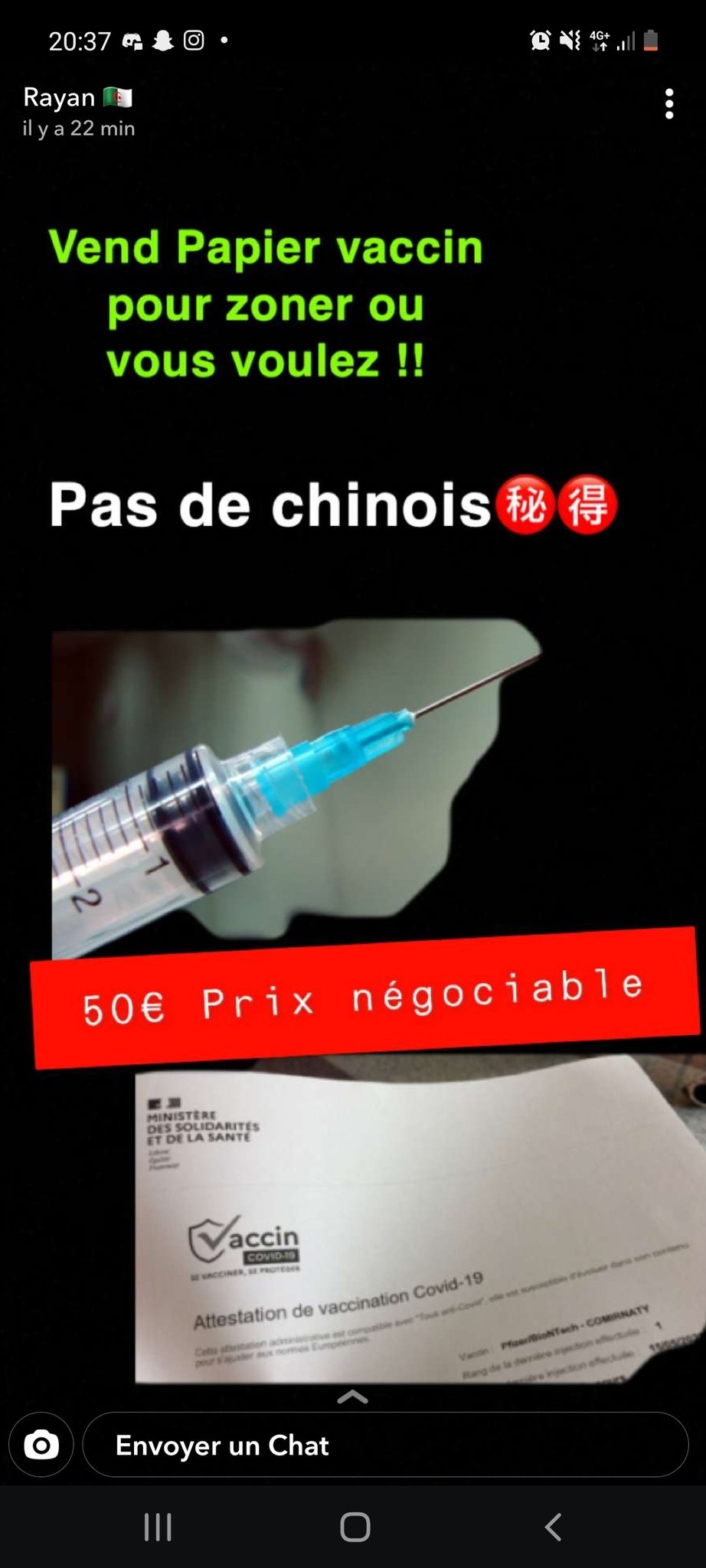 vend papier vaccin pour zoner où vous voulez, pas de chinois, 50€ prix négociable