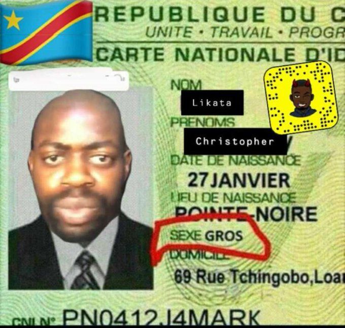 carte nationale d'identité Congo, République du Congo, sexe = gros zepeck