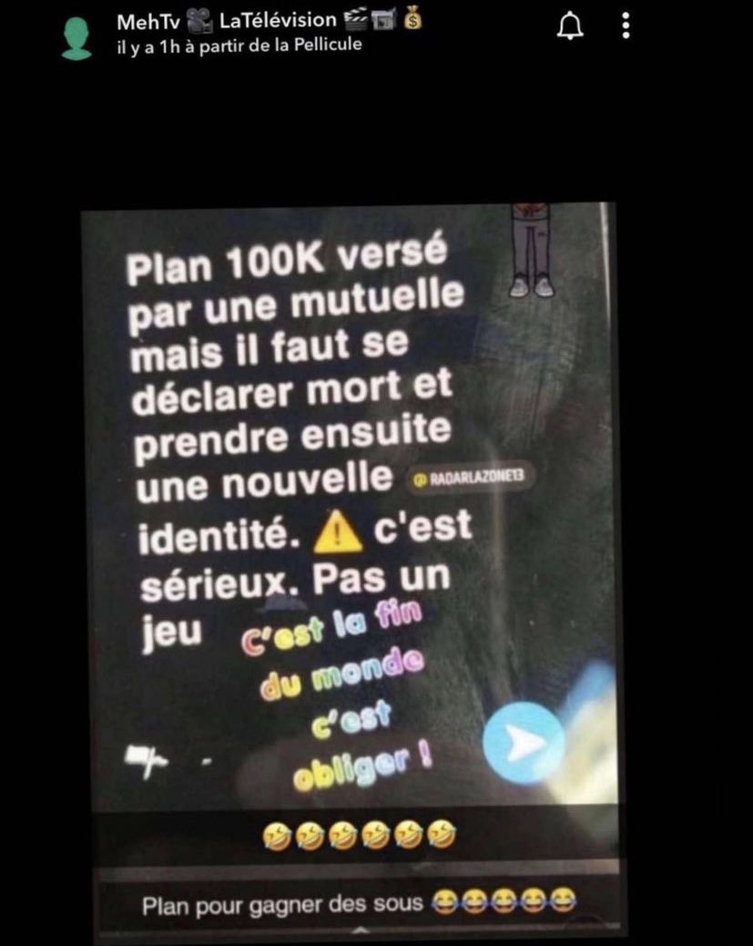 Plan 100k versé par une mutuelle mais il faut se déclarer mort et prendre ensuite une nouvelle identité, c'est sérieux pas un je, fin du monde obligé
